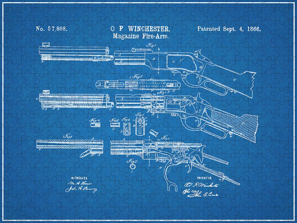 1866 Winchester Lever Action Rifle Patent Print Jigsaw Puzzle featuring the drawing 1866 Winchester Lever Action Rifle Blueprint Patent Print by Greg Edwards