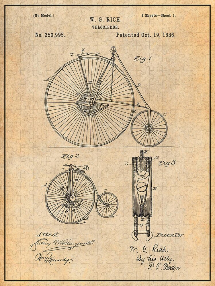 1886 W. G. Rich Velocipede Bicycle Patent Print Jigsaw Puzzle featuring the drawing 1886 W. G. Rich Velocipede Bicycle Antique Paper Patent Print by Greg Edwards