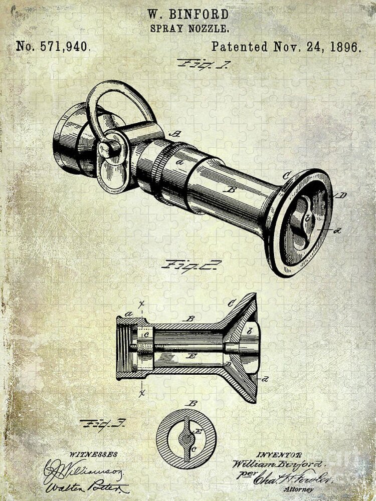 Fire Hydrant Jigsaw Puzzle featuring the photograph 1896 Fire Hose Spray Nozzle Patent by Jon Neidert