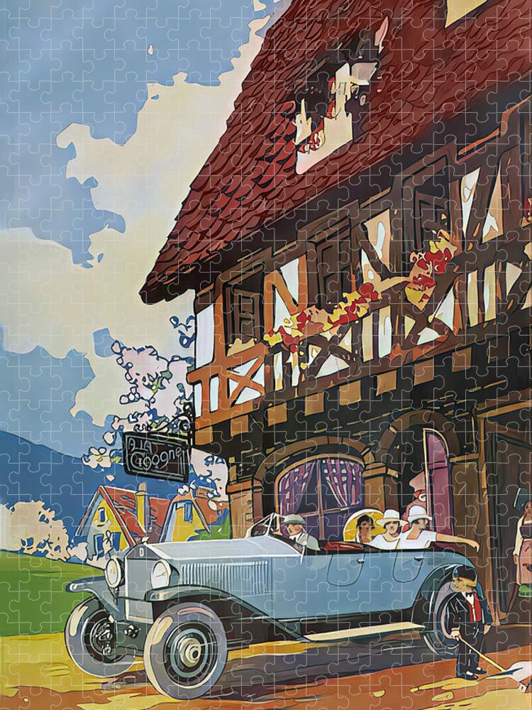 Vintage Jigsaw Puzzle featuring the mixed media 1926 Lancia Touring Car With Passengers Tavern Setting Original French Art Deco Illustration by Retrographs