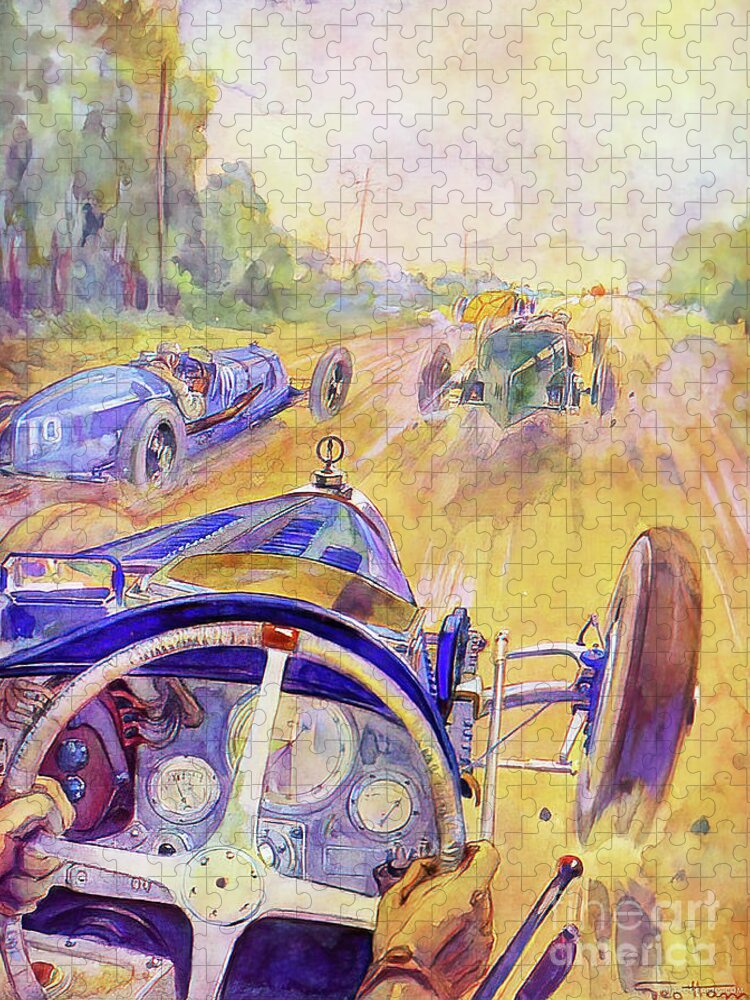 Vintage Jigsaw Puzzle featuring the painting 1927 Bugatti Racing With Other Vehicles by Geo Ham