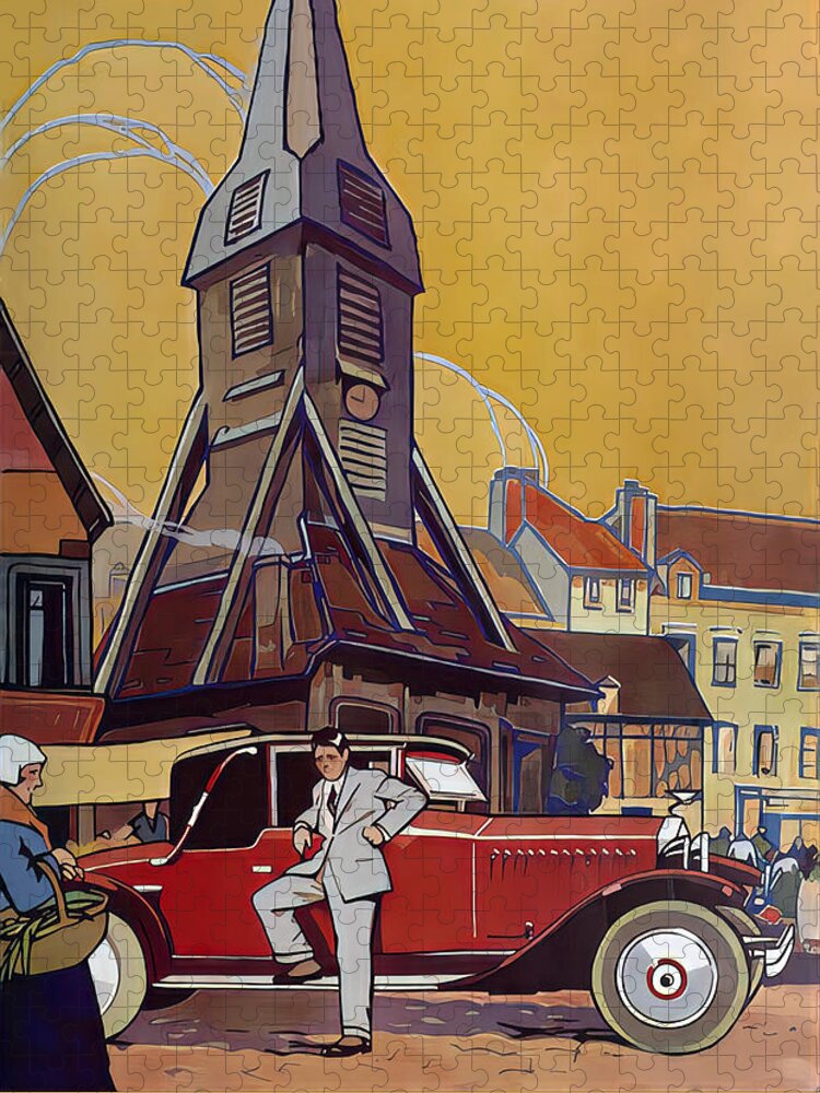 Vintage Jigsaw Puzzle featuring the mixed media 1927 Coupe With Gentlemen In Rural Town Setting Original French Art Deco Illustration by Retrographs