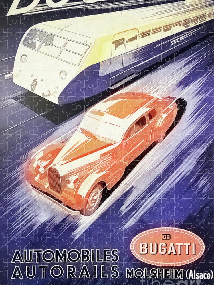 Vintage Jigsaw Puzzle featuring the mixed media 1930s Art Deco Poster Featuring Bugatti T57 And Train by Retrographs