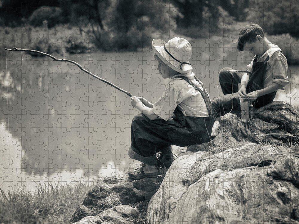 1930s Two Boys Sitting On Rocks Fishing Jigsaw Puzzle by Vintage