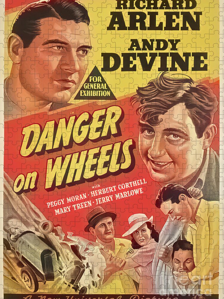 Vintage Jigsaw Puzzle featuring the mixed media 1940s Danger On Wheels Movie Poster by Retrographs