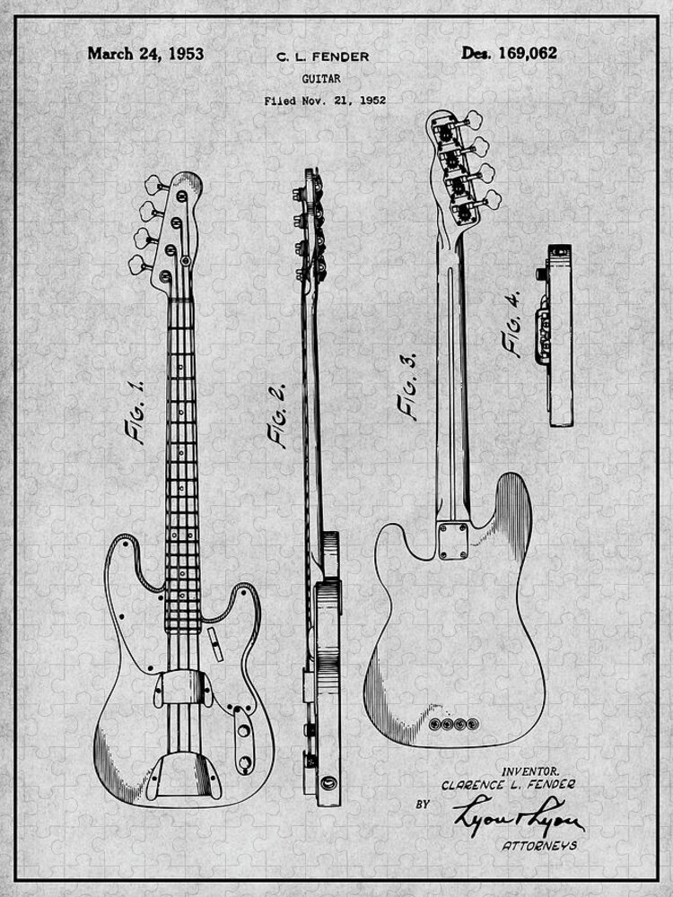 Fender Jigsaw Puzzle featuring the drawing 1952 Fender P1 Bass Guitar Patent Print Gray by Greg Edwards