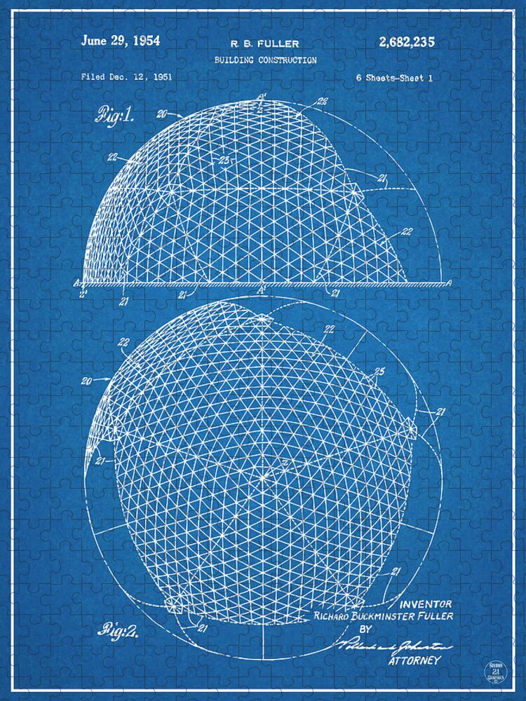 1954 Geodesic Dome Patent Print Jigsaw Puzzle featuring the drawing 1954 Geodesic Dome Blueprint Patent Print by Greg Edwards