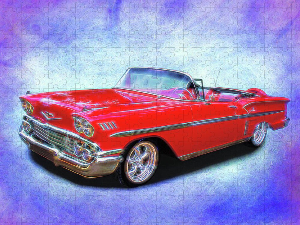 1958 Chevy Red Jigsaw Puzzle featuring the digital art 1958 Red Chevy Convertable by Rick Wicker