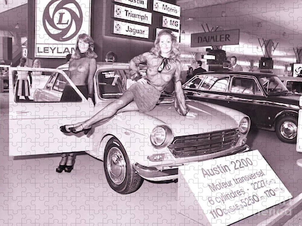 Vintage Jigsaw Puzzle featuring the photograph 1960s Motor Show Austin 2200 With Women In See Thru Clothes by Retrographs