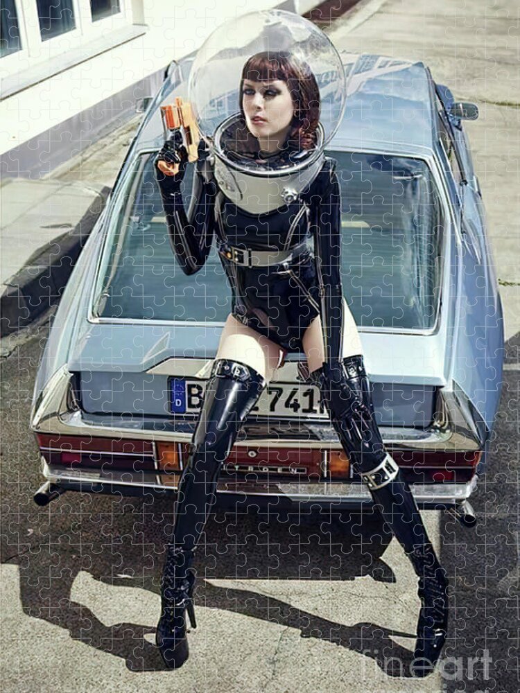 Vintage Jigsaw Puzzle featuring the photograph 1960s Woman In Space Suit With Citroen by Retrographs