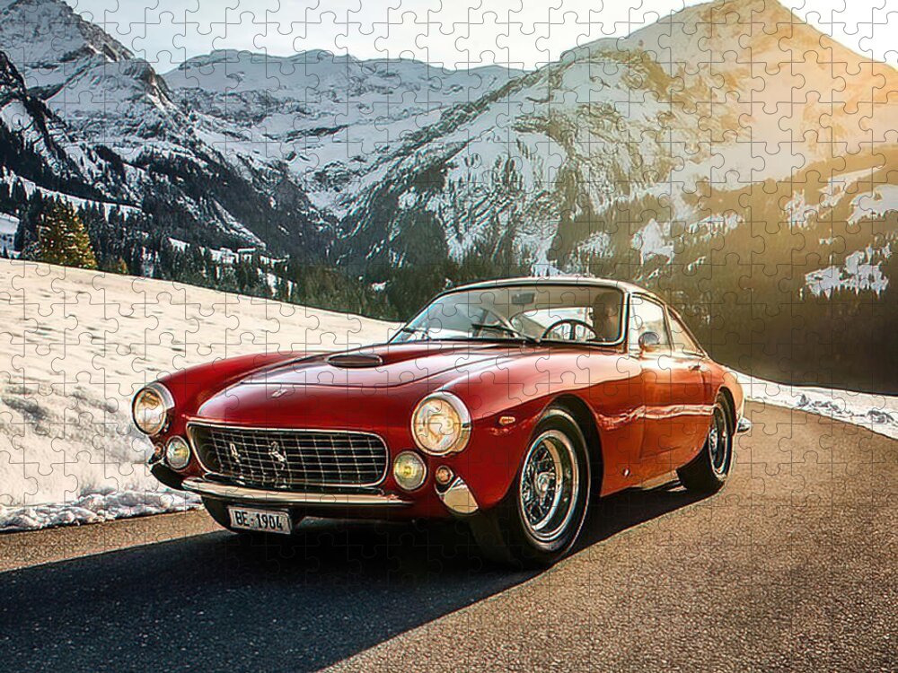 Vintage Jigsaw Puzzle featuring the photograph 1963 Ferrari Lusso In Snow Pass by Retrographs