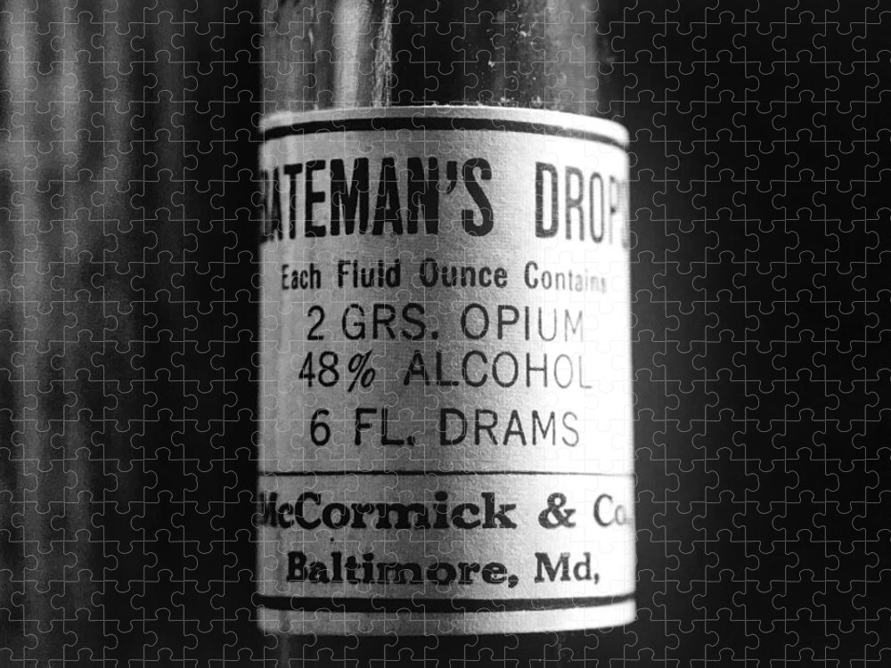 Bateman's Drops Jigsaw Puzzle featuring the photograph Antique McCormick and Co Baltimore MD Bateman's Drops Opium Bottle Label - Black and White by Marianna Mills