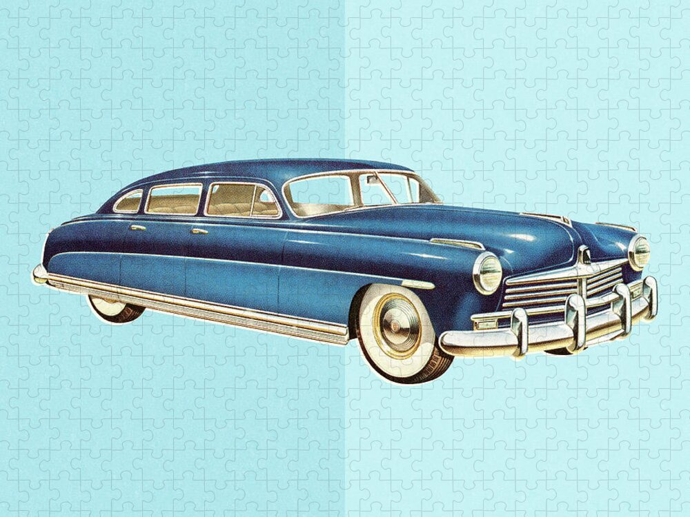 Auto Jigsaw Puzzle featuring the drawing Blue Vintage Car #2 by CSA Images