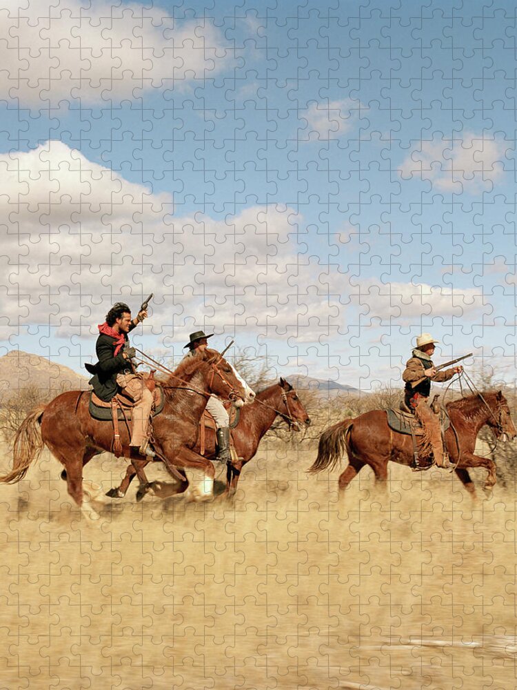 Horse Jigsaw Puzzle featuring the photograph Cowboys Riding On Horses #2 by Matthias Clamer