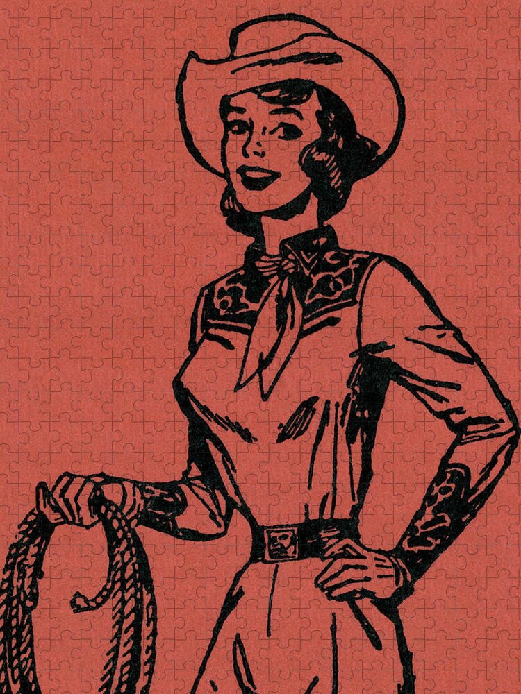 Accessories Jigsaw Puzzle featuring the drawing Cowgirl #2 by CSA Images