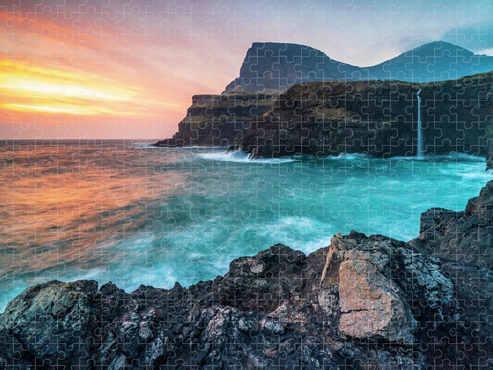 Estock Jigsaw Puzzle featuring the digital art Denmark, Faeroe Islands, Vagar, Gasadalur Waterfall #2 by Sebastian Wasek