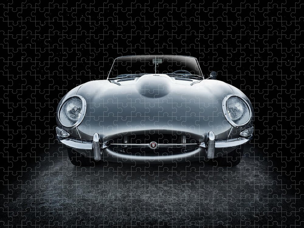 Jaguar Puzzle featuring the digital art Silver Jaguar XK-E by Douglas Pittman