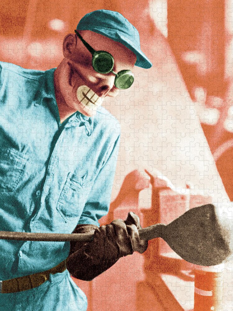 Blue Collar Jigsaw Puzzle featuring the drawing Laborer by CSA Images