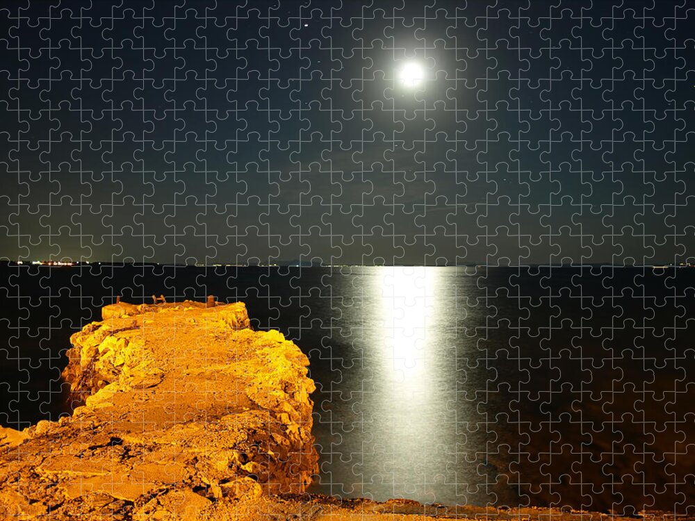 Adriatic Sea Jigsaw Puzzle featuring the photograph Moonshine Seascape And Old Pier #2 by Goranstimac