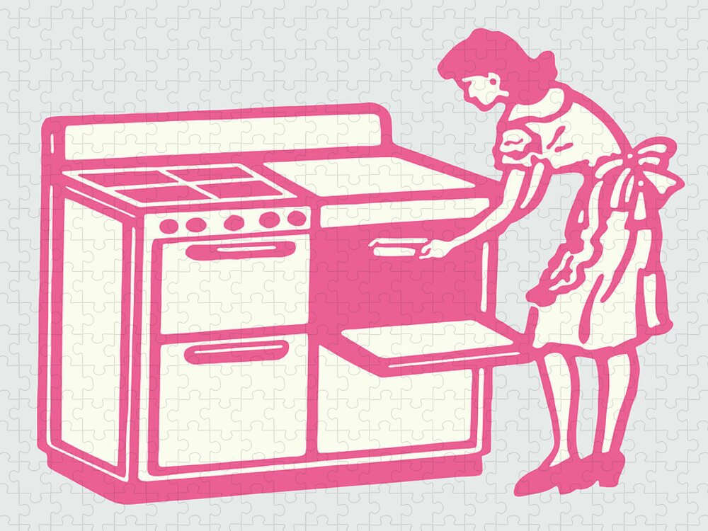 Adult Jigsaw Puzzle featuring the drawing Woman Placing Food in Oven #2 by CSA Images