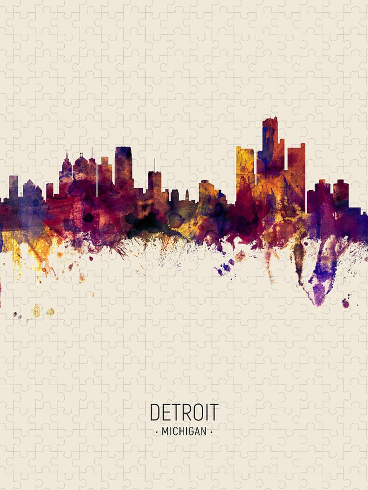 Detroit Jigsaw Puzzle featuring the digital art Detroit Michigan Skyline by Michael Tompsett