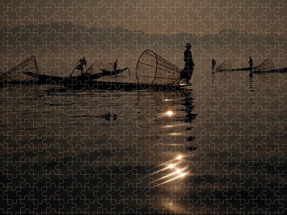 Tranquility Jigsaw Puzzle featuring the photograph Fishermen On Inle Lake, Myanmar #3 by Mint Images - Art Wolfe