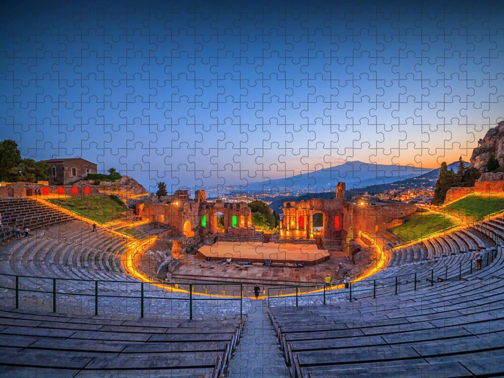 Estock Jigsaw Puzzle featuring the digital art Italy, Sicily, Messina District, Ionian Coast, Ionian Sea, Taormina, Greek Theatre, Mount Etna In The Background #3 by Alessandro Saffo