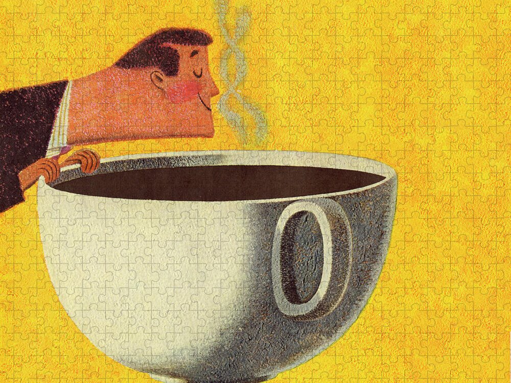 Adult Jigsaw Puzzle featuring the drawing Man Smelling Giant Cup of Coffee #3 by CSA Images