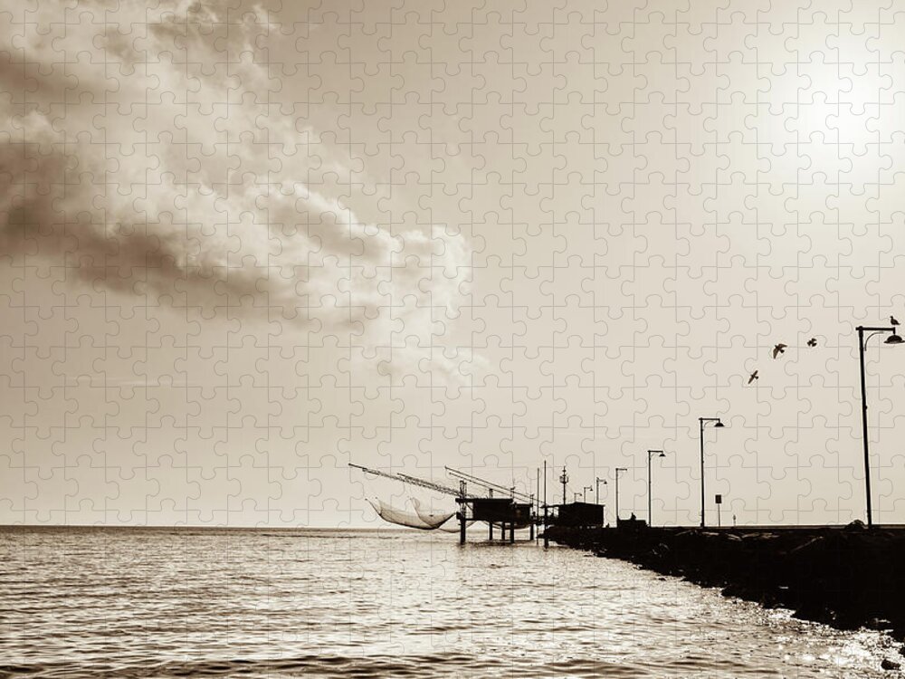 Dawn Jigsaw Puzzle featuring the photograph Pier With Fishermans Nets #3 by Deimagine