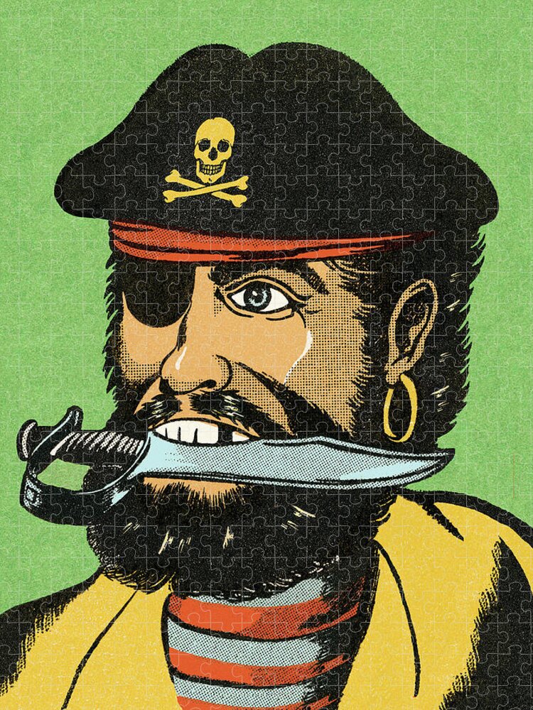 Accessories Jigsaw Puzzle featuring the drawing Pirate With Knife in His Mouth #3 by CSA Images