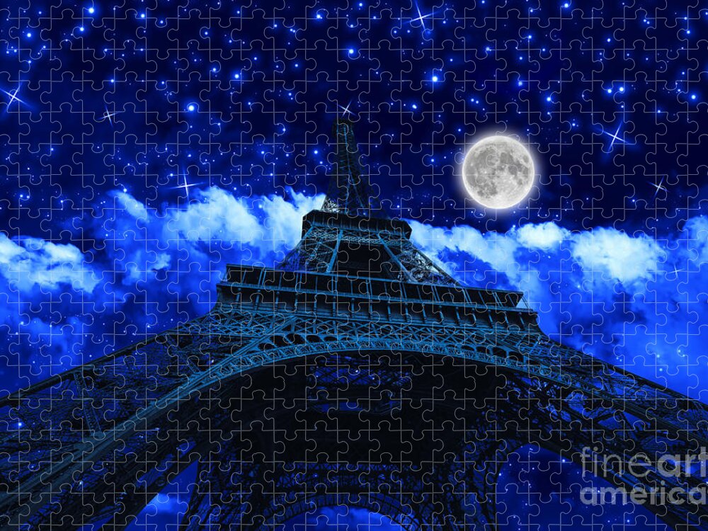 Tour Eiffel Jigsaw Puzzle featuring the photograph Tour Eiffel at night with fullmoon #3 by Benny Marty