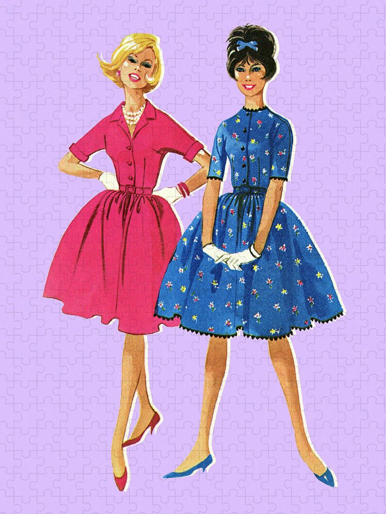 Adult Jigsaw Puzzle featuring the drawing Two Women Wearing Dresses by CSA Images