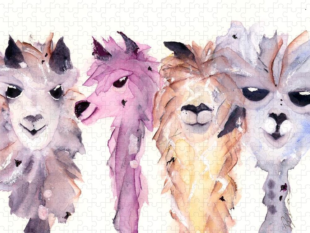 Alpaca Art Jigsaw Puzzle featuring the painting 4 Alpacas by Dawn Derman