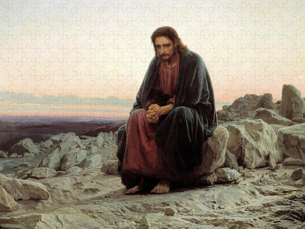 Russian Jigsaw Puzzle featuring the painting Christ in the Wilderness #5 by Ivan Kramskoy