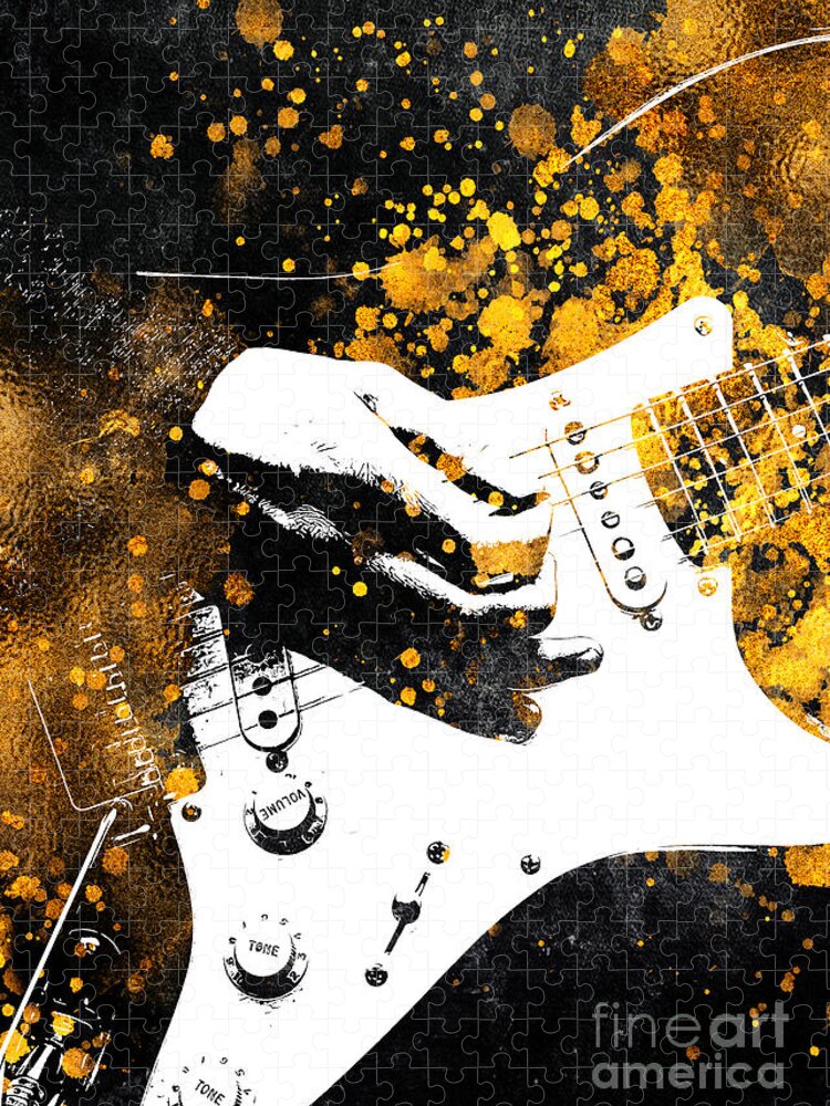 Music Jigsaw Puzzle featuring the digital art Guitar music art gold and black #4 by Justyna Jaszke JBJart
