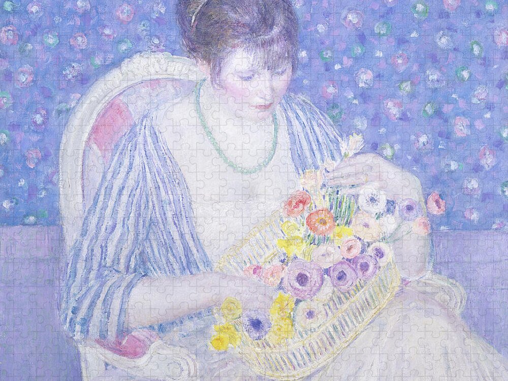 The Basket Of Flowers Jigsaw Puzzle featuring the painting The Basket of Flowers by Frederick Carl Frieseke