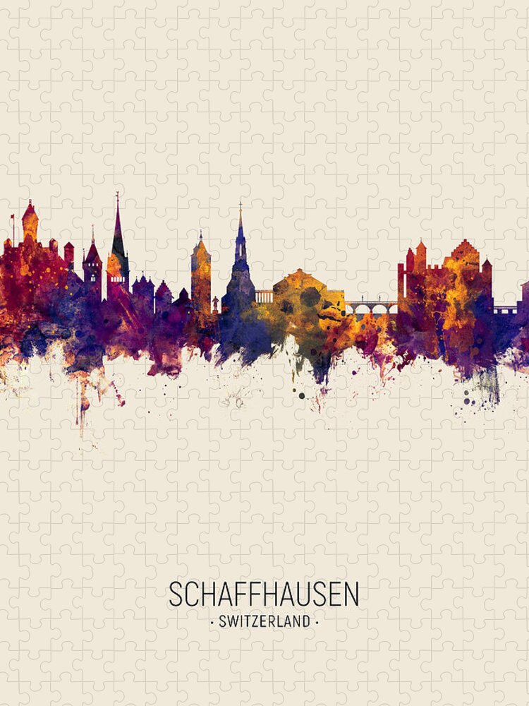 Schaffhausen Jigsaw Puzzle featuring the digital art Schaffhausen Switzerland Skyline #6 by Michael Tompsett