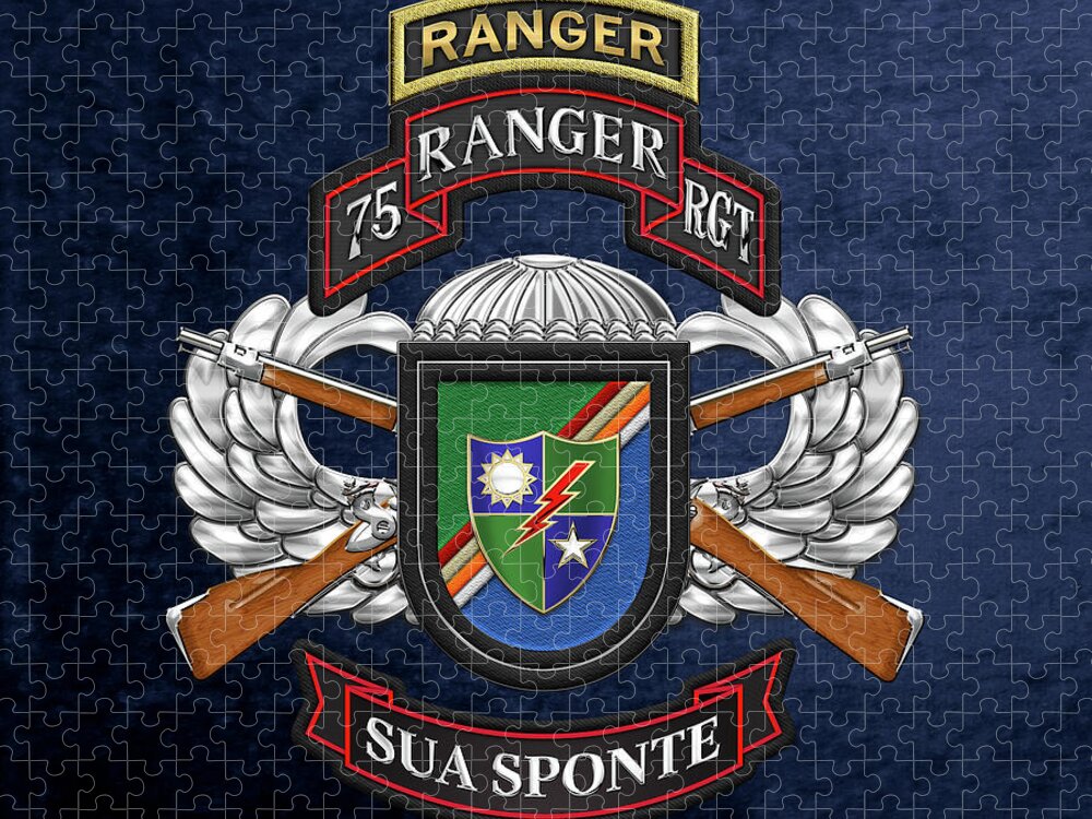 Military Insignia & Heraldry By Serge Averbukh Jigsaw Puzzle featuring the digital art 75th Ranger Regiment - Army Rangers Special Edition over Blue Velvet by Serge Averbukh