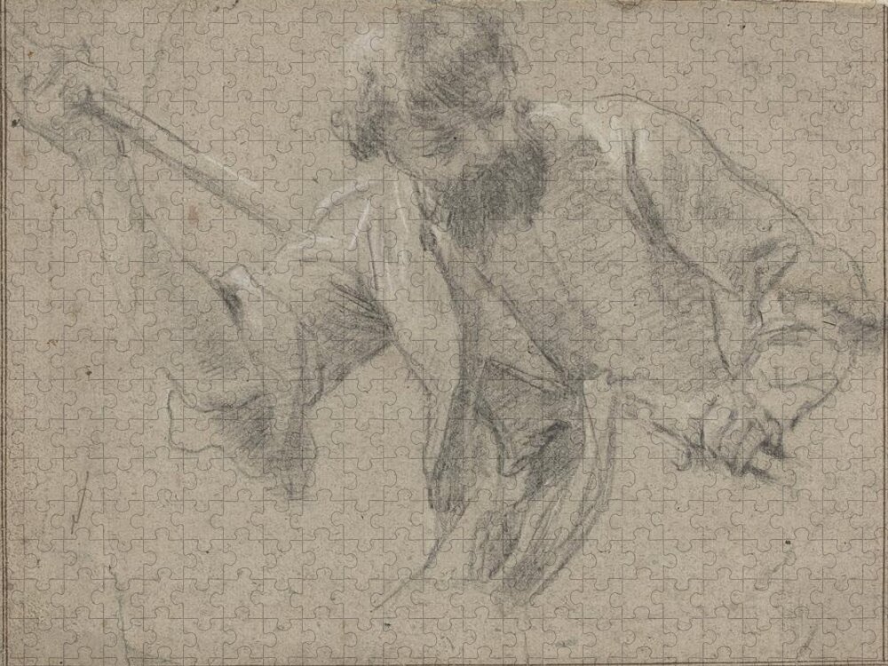 Sketch Jigsaw Puzzle featuring the drawing A Bearded Man With A Staff by Simon Vouet