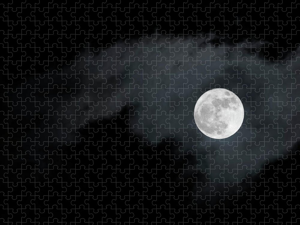 Black Color Jigsaw Puzzle featuring the photograph A Bright Full Moon Illuminating A by Bettinaritter