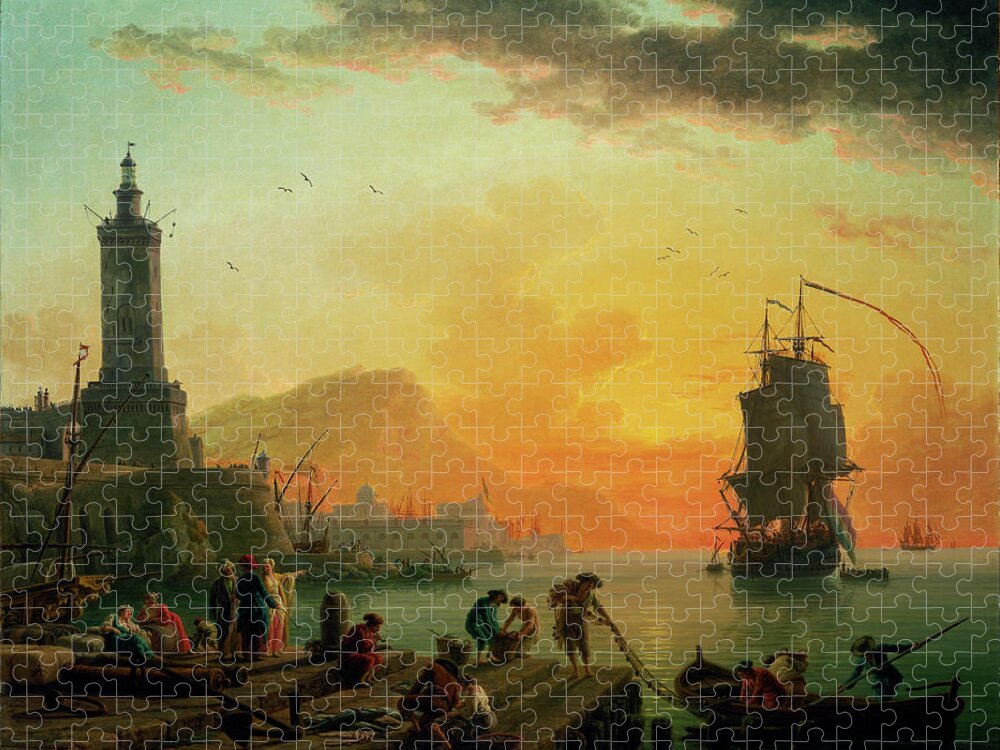 A Calm At A Mediterranean Port Jigsaw Puzzle featuring the painting A Calm at a Mediterranean Port by Claude Joseph Vernet by Rolando Burbon