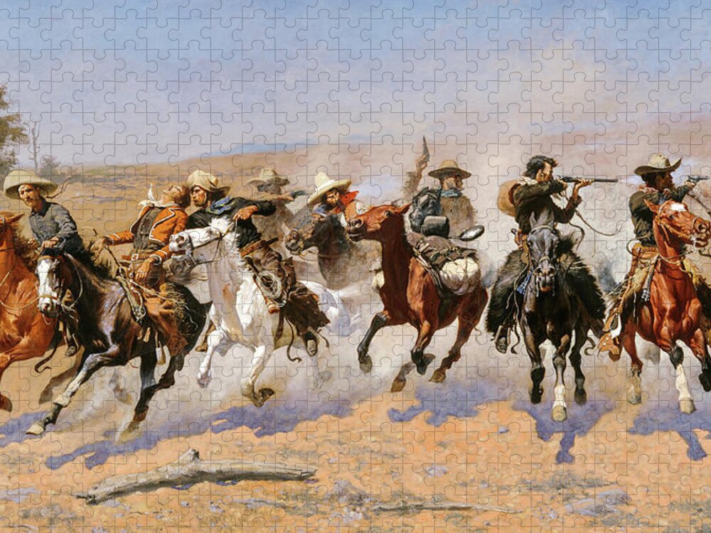 Frederic Remington Jigsaw Puzzle featuring the painting A Dash for the Timber, 1889 by Frederic Sackrider Remington