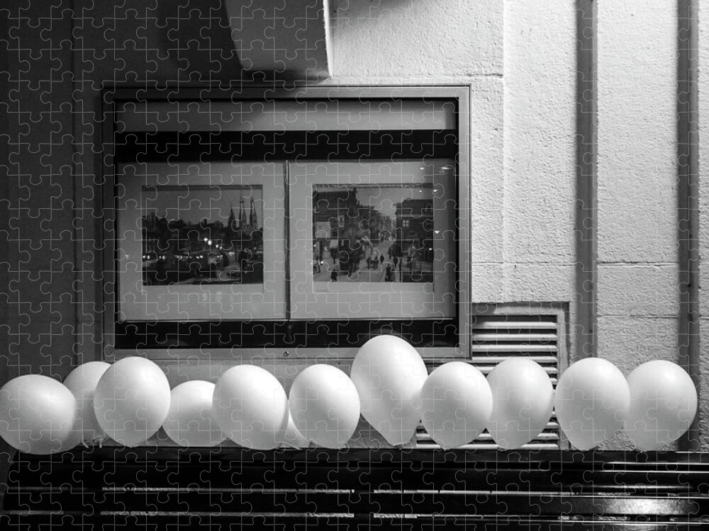 Urban Scenes Jigsaw Puzzle featuring the photograph A Dozen White Balloons at 107 by Mary Lee Dereske