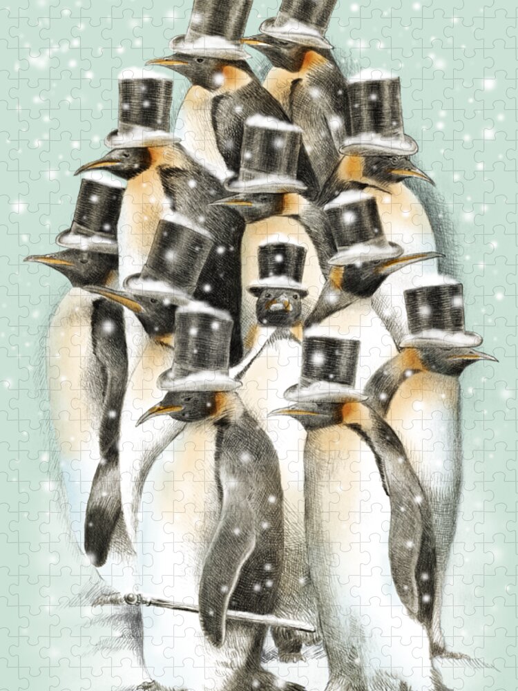 Penguins Jigsaw Puzzle featuring the drawing A Gathering in the Snow by Eric Fan