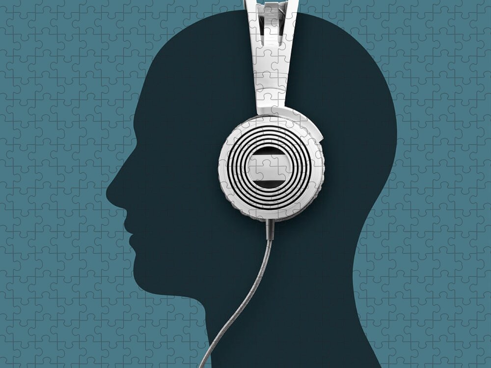 Music Jigsaw Puzzle featuring the photograph A Headphone And A Silhouette Head by Jorg Greuel