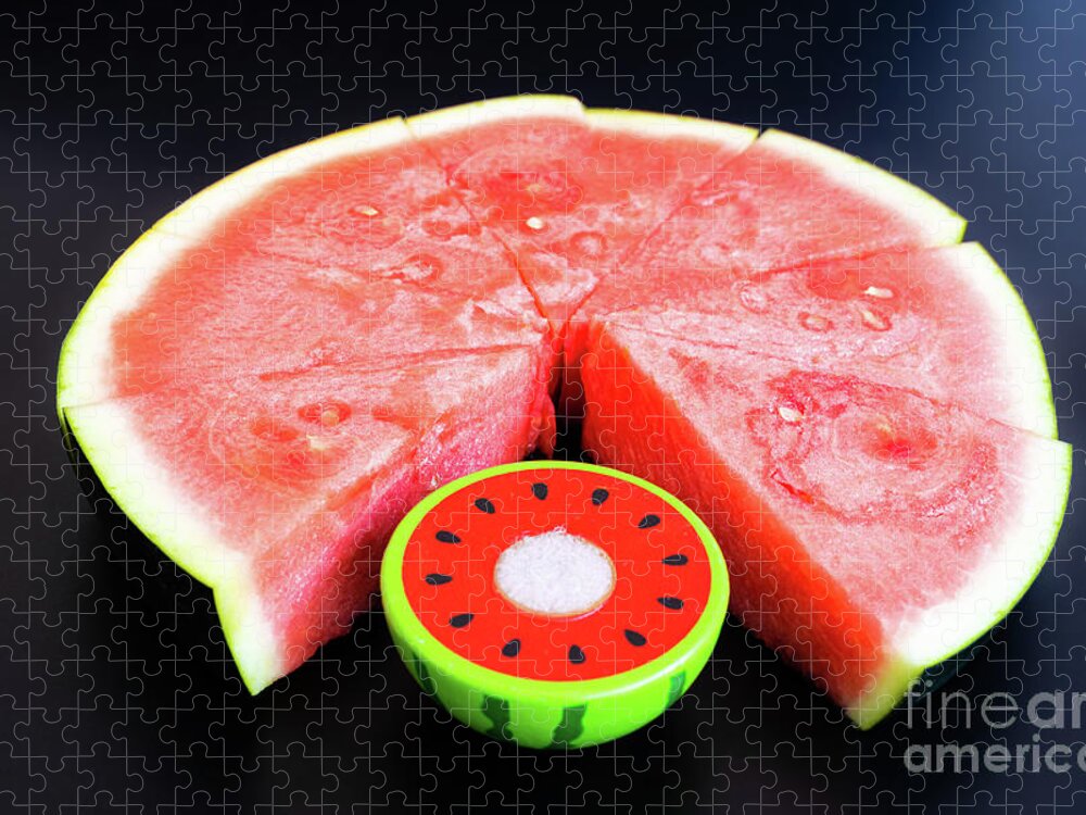 Backdrop Jigsaw Puzzle featuring the photograph A large slice of watermelon divided into smaller pieces next to by Joaquin Corbalan