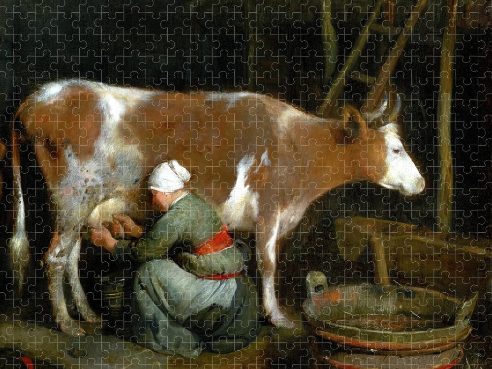 Gerard Ter Borch Jigsaw Puzzle featuring the painting A Maid Milking a Cow in a Barn by Audrey Jeanne Roberts