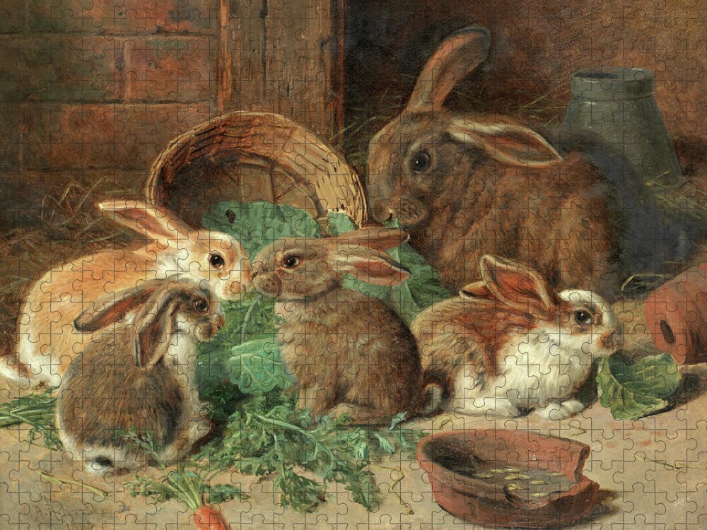 Mother Rabbit Jigsaw Puzzle featuring the painting A Mother Rabbit and her young by Alfred Richardson Barber