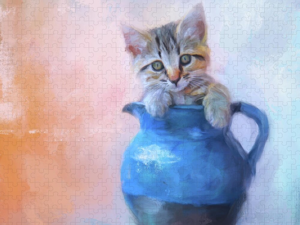 Colorful Jigsaw Puzzle featuring the painting A Pitcher Full of Purrfection by Jai Johnson