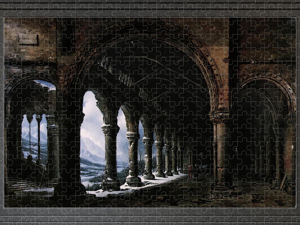 A Ruined Gothic Colonnade Jigsaw Puzzle featuring the painting A Ruined Gothic Colonnade by Louis Daguerre by Rolando Burbon